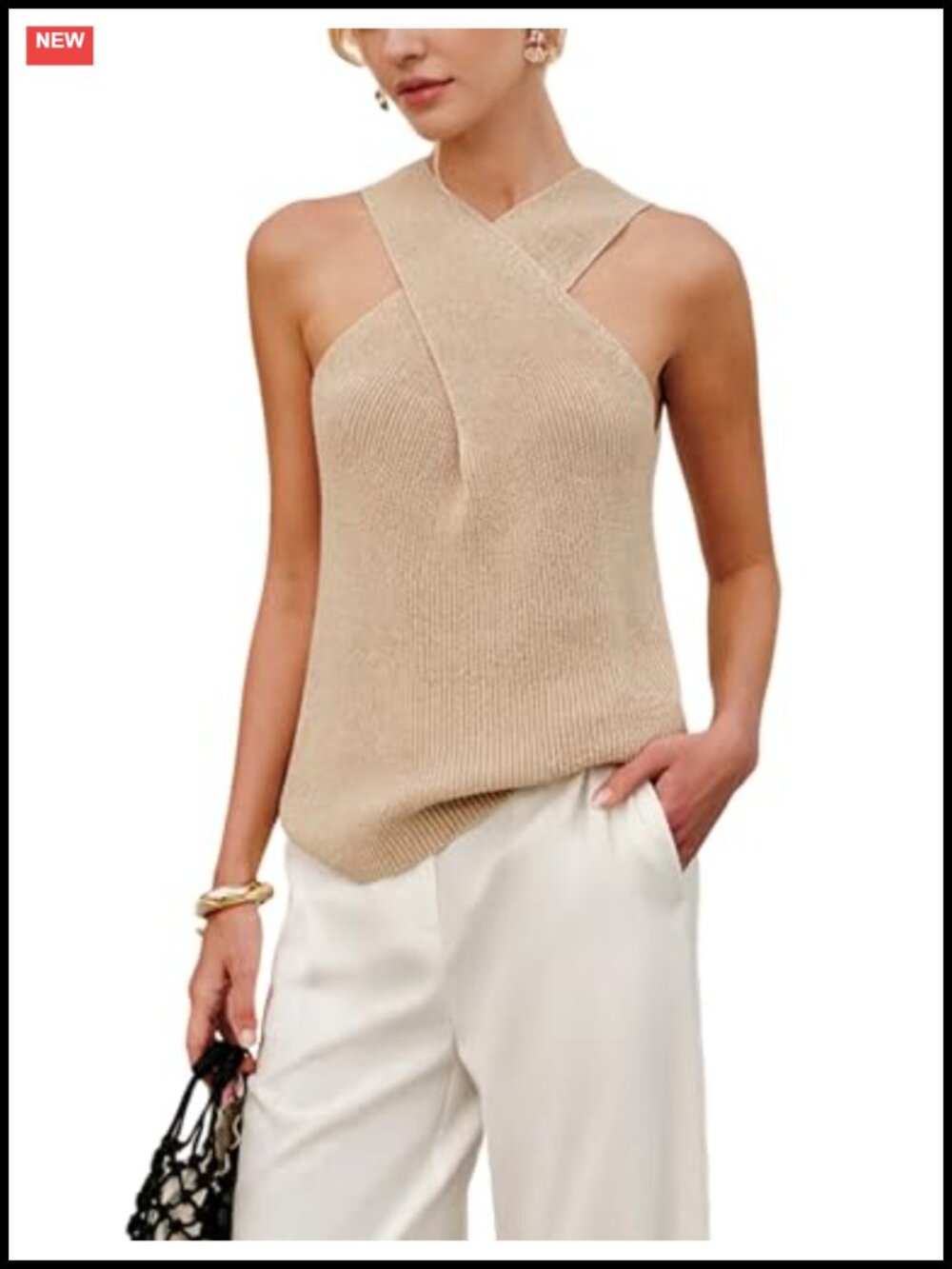Ribbed Knit Halter Tank Top Criss Cross Layering Cami